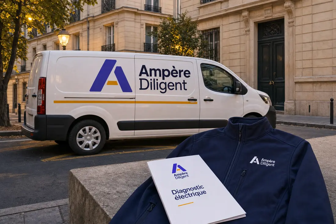 Utilitaire, veste et dossier de diagnostic Ampère Diligent devant un immeuble parisien