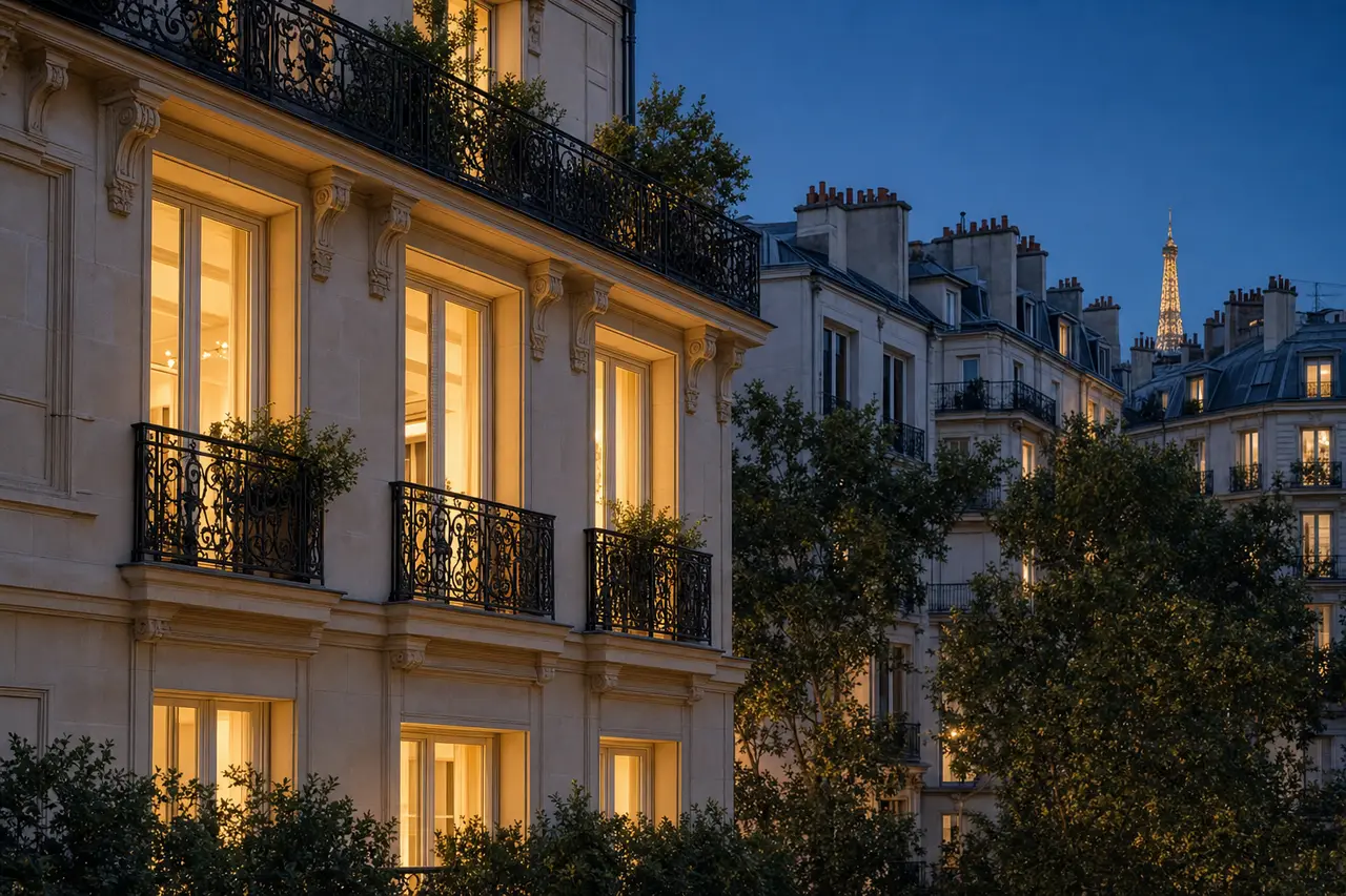 Immeuble haussmannien éclairé le soir à Paris, après le rétablissement du courant